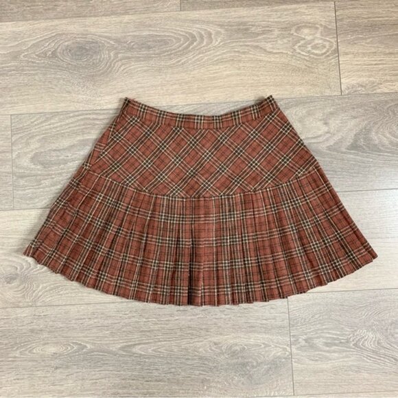 Aakaa Pleated Plaid Mini Skirt High Rise waist Brown Size Small Preppy Academia - Picture 2 of 11